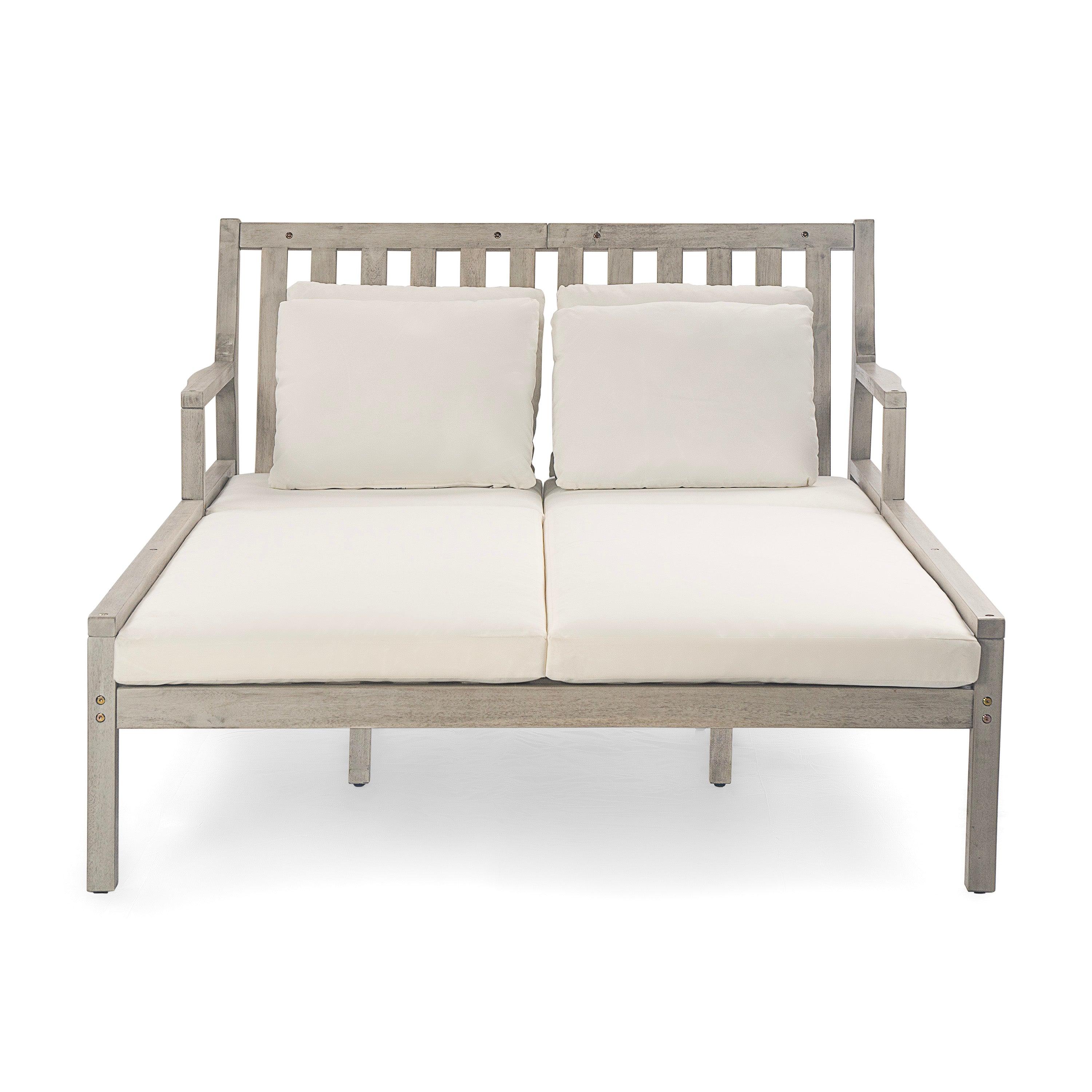 Outdoor Daybed, Patio Daybed with Four Pillows, Wooden Outdoor Bed with Curved Armrests for Poolside, Backyard, Garden