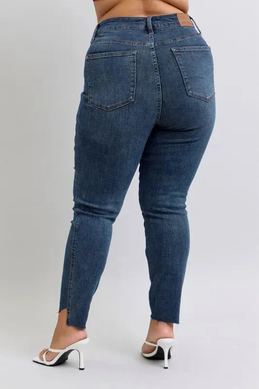 Full Size High Waist Tummy Control Step Hem Skinny Judy Blue Jeans