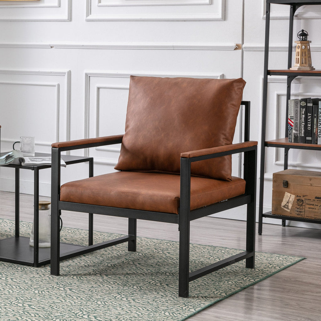 A&A Furniture,Modern Faux Leather Accent Chair with Black Powder Coated Metal Frame Orange
