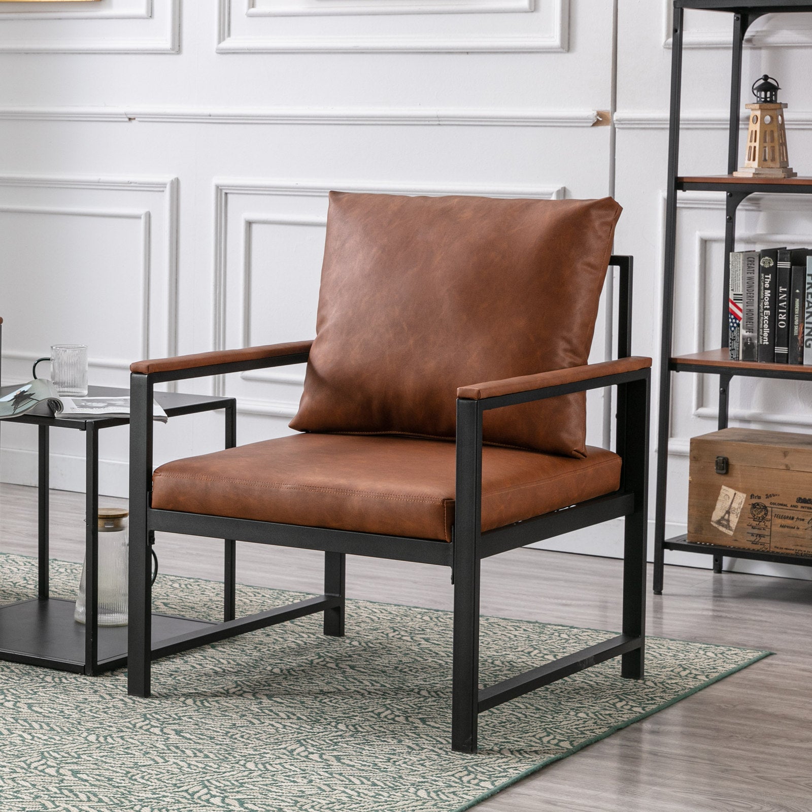 A&A Furniture,Modern Faux Leather Accent Chair with Black Powder Coated Metal Frame Orange
