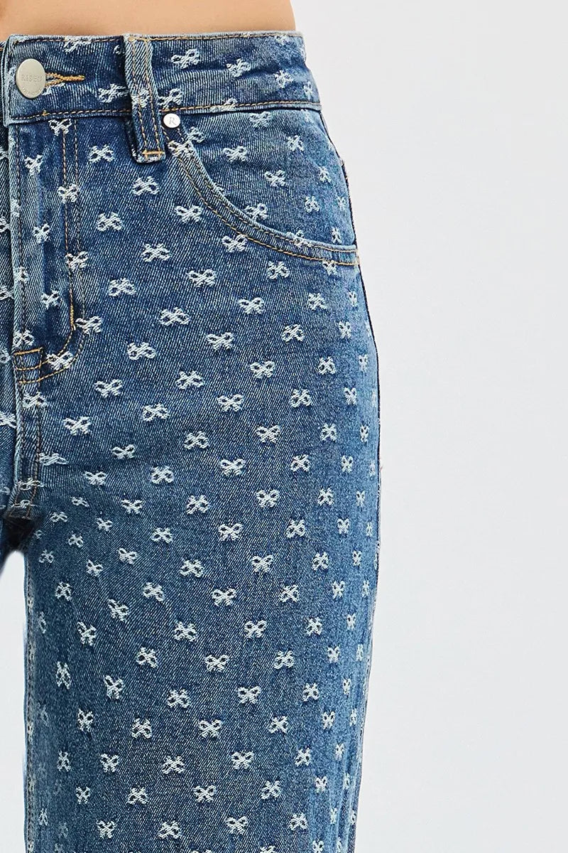Risen High Rise Wide Leg Bow Embroidered Jeans For Women