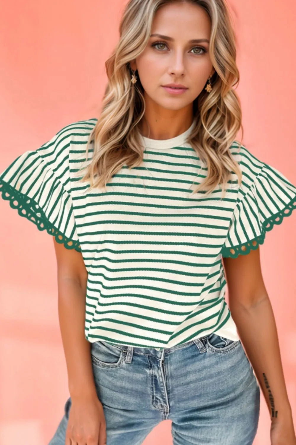 Striped Ruffle Sleeve Blouse with Round Neck