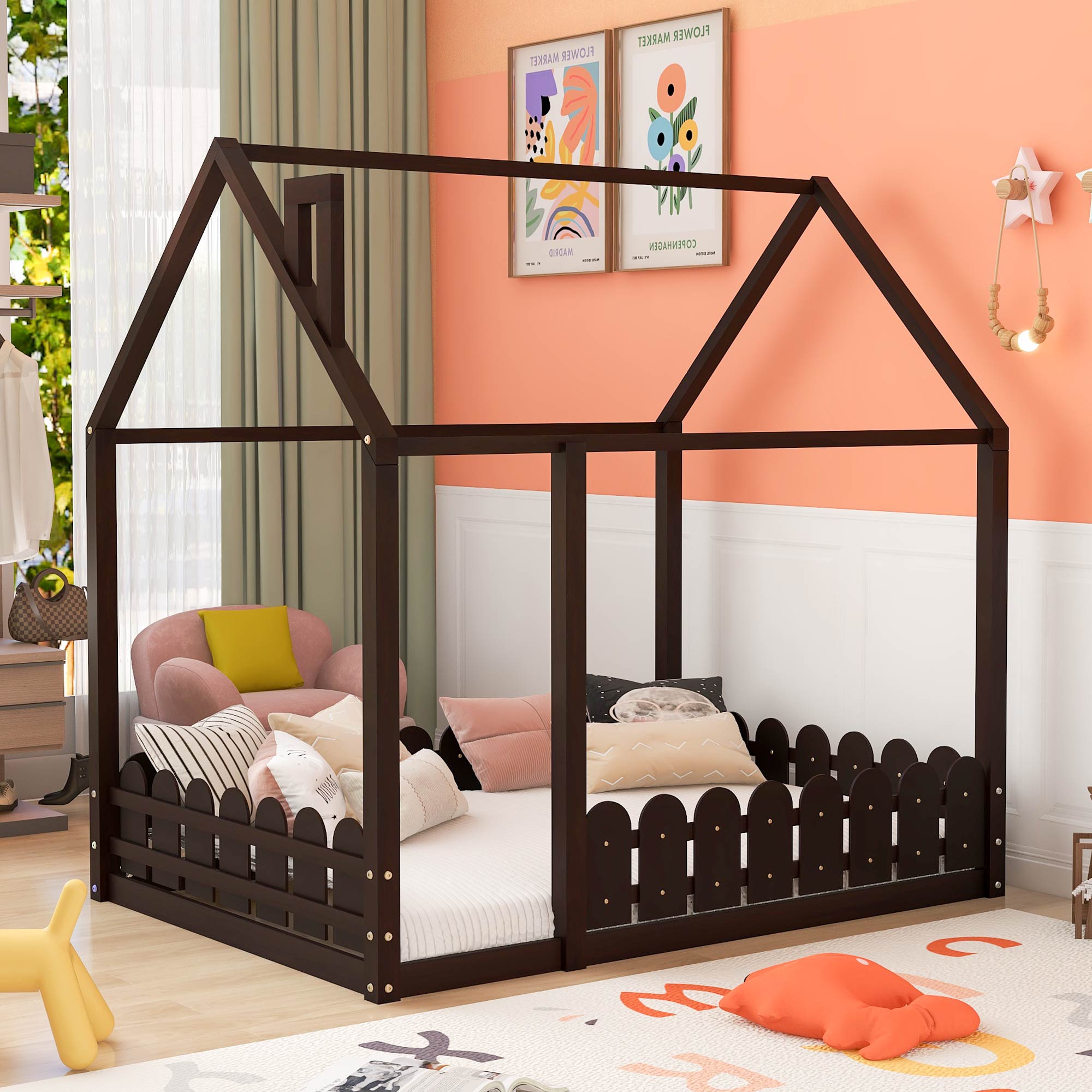(Slats are not included)Full Size Wood Bed House Bed Frame with Fence for Kids Teens Girls Boys (Espresso )