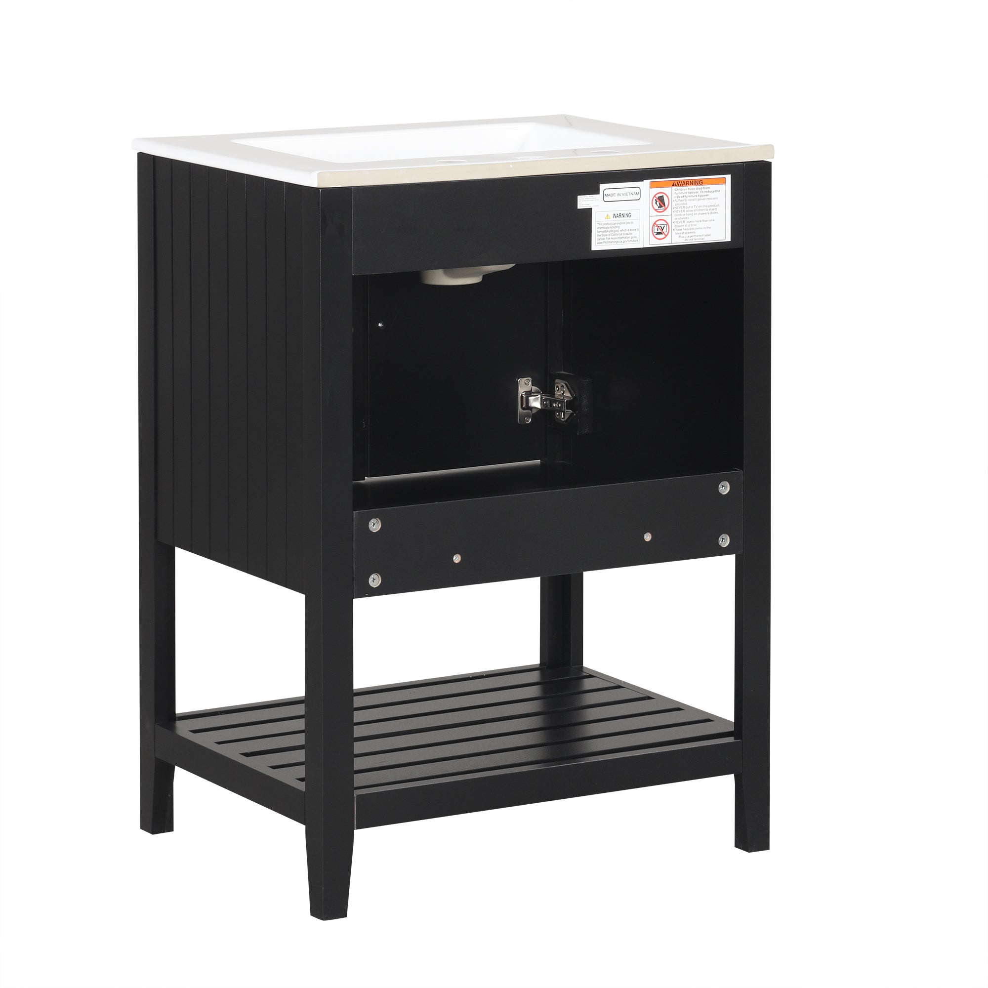 24" Black Modern Sleek Bathroom Vanity Elegant Ceramic Sink with Solid Wood Frame Open Style Shelf