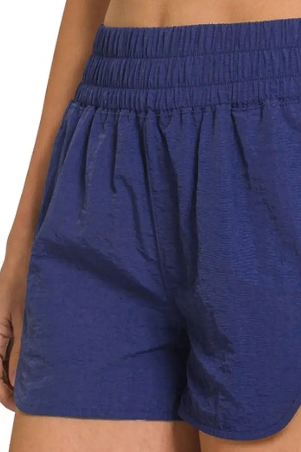 Zenana Navy Windbreaker Smocked Waistband Women's Running Shorts