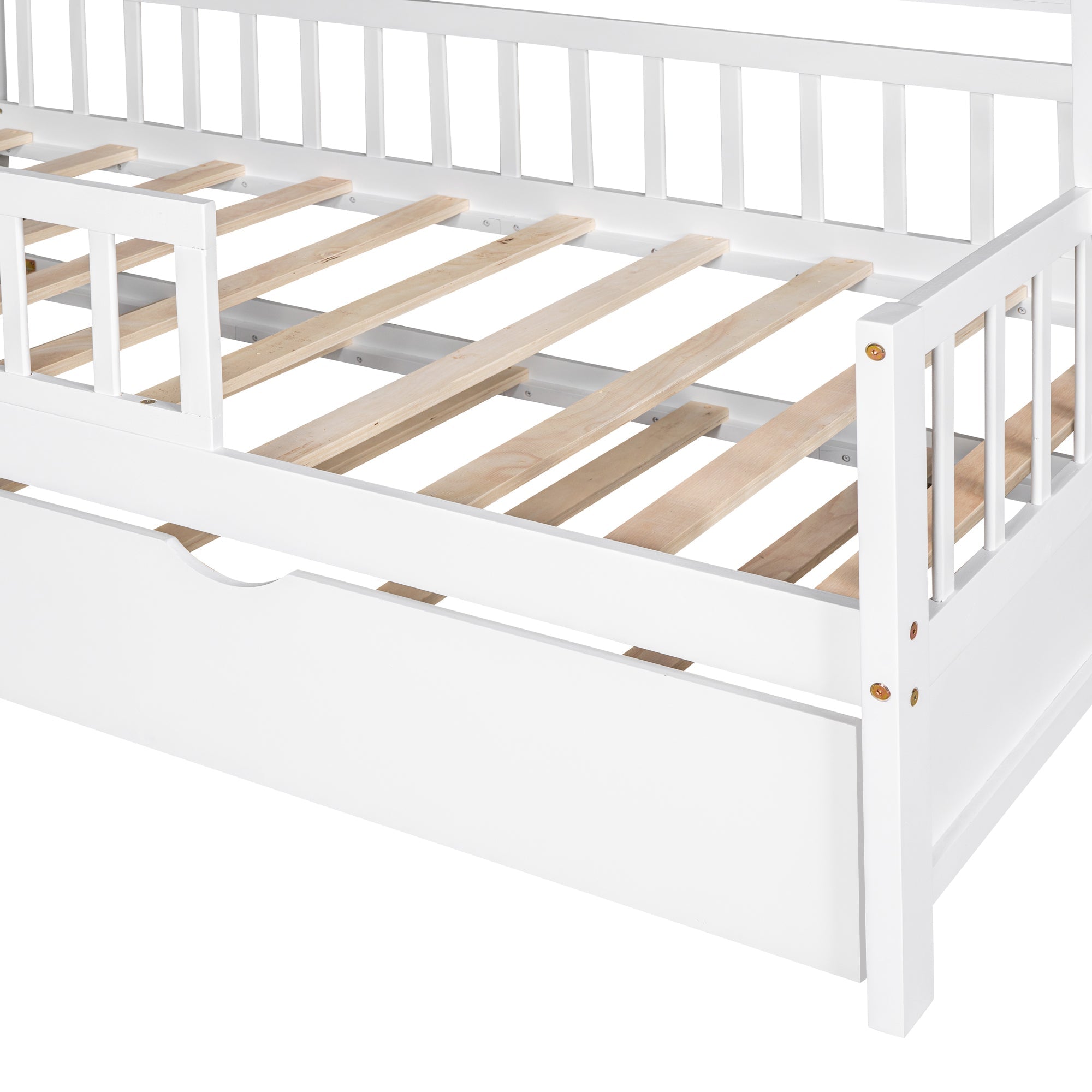 Wooden Twin Size House Bed with Trundle Kids Bed with Shelf White