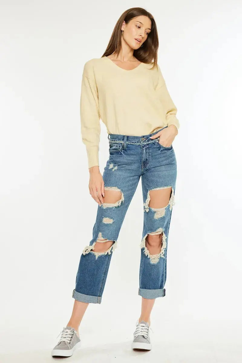 Distressed Mid Rise True Kancan Boyfriend Jeans