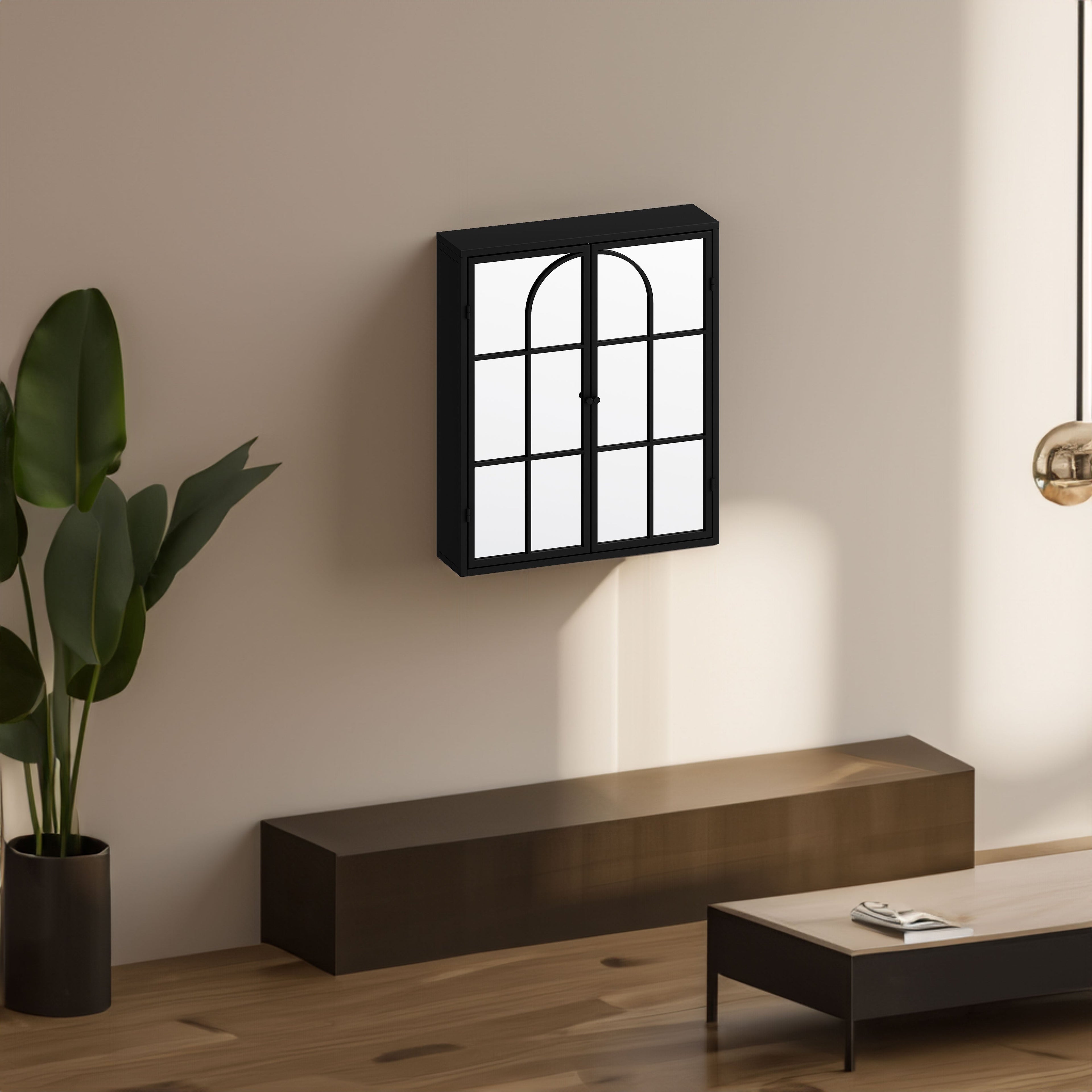 23.62 "Vintage Two Door Wall Cabinet with Mirror Three-level Entrance Storage Space Black