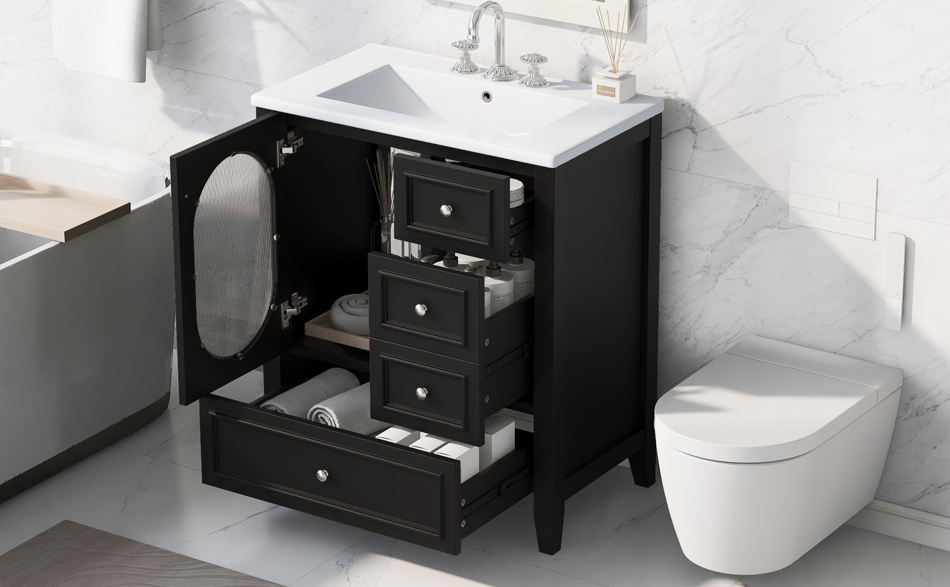 30" Bathroom Vanity with Sink, Bathroom Vanity Cabinet with Three Drawers and Door, Solid Wood and MDF, Black
