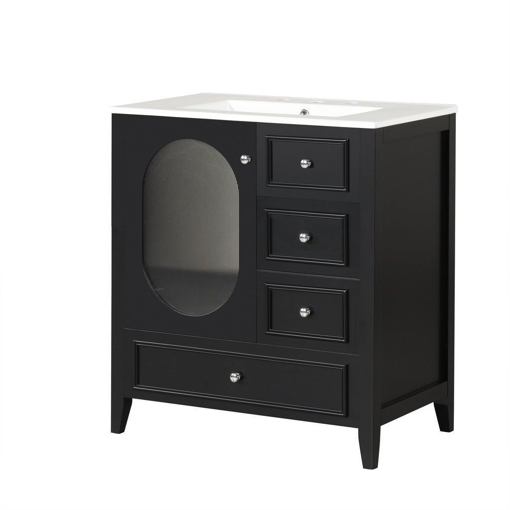 30" Bathroom Vanity with Sink, Bathroom Vanity Cabinet with Three Drawers and Door, Solid Wood and MDF, Black