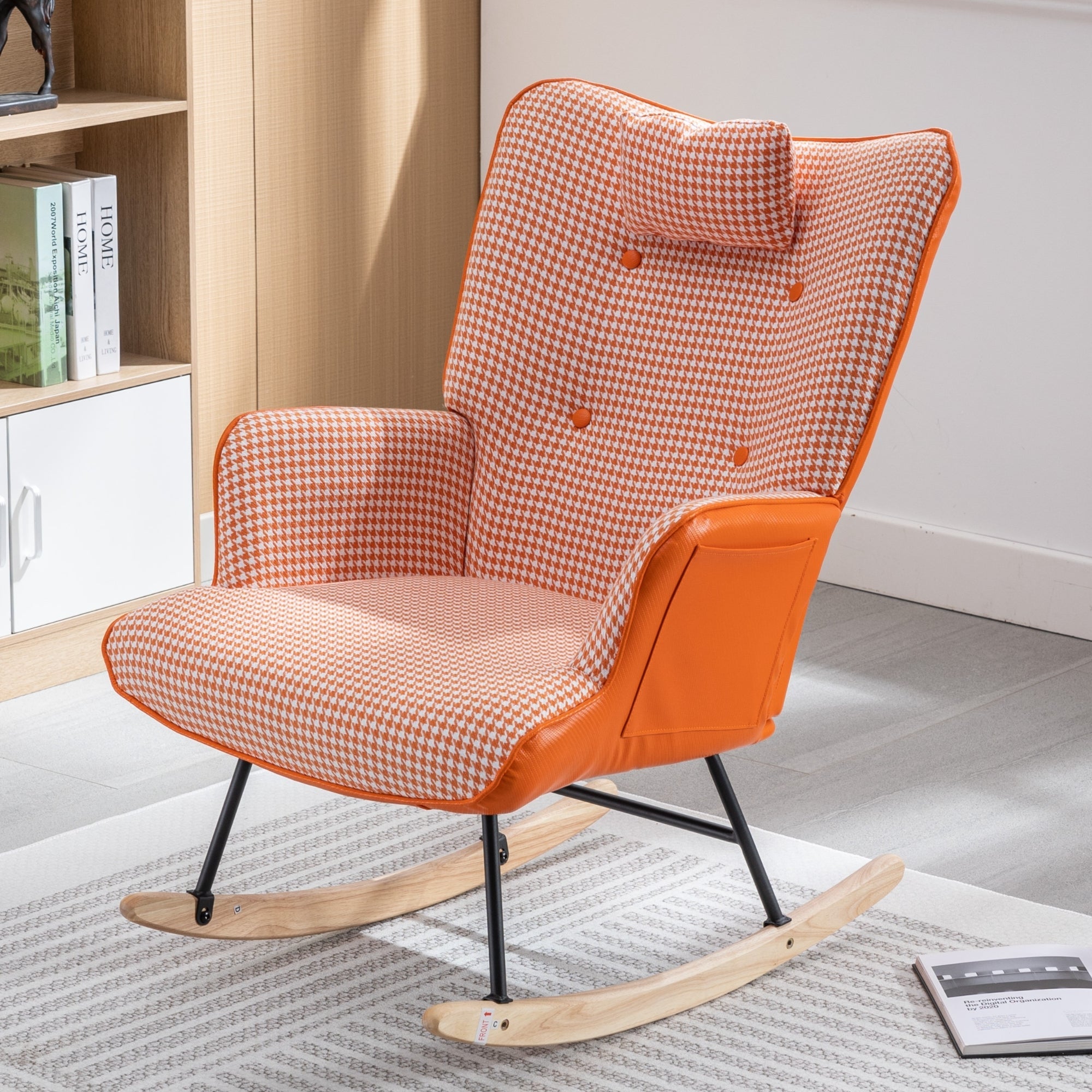 35.5 inch Rocking Chair Soft Houndstooth Fabric Leather Fabric Rocking Chair  (orange)