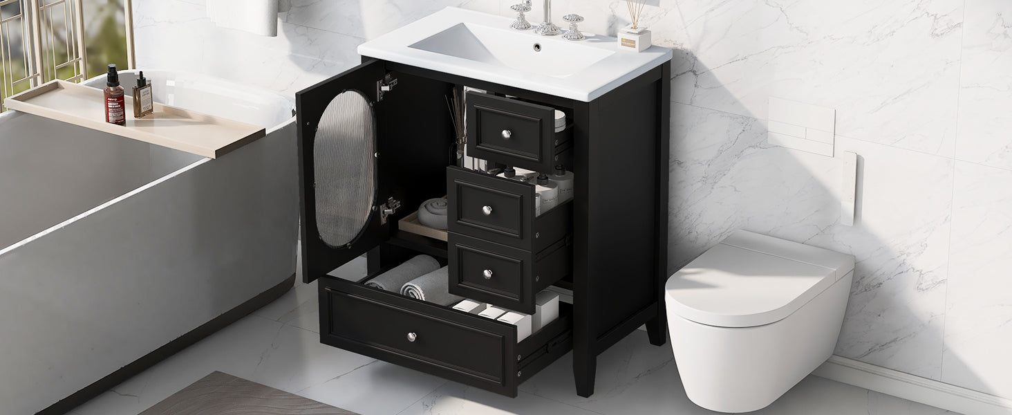 30" Bathroom Vanity with Sink, Bathroom Vanity Cabinet with Three Drawers and Door, Solid Wood and MDF, Black