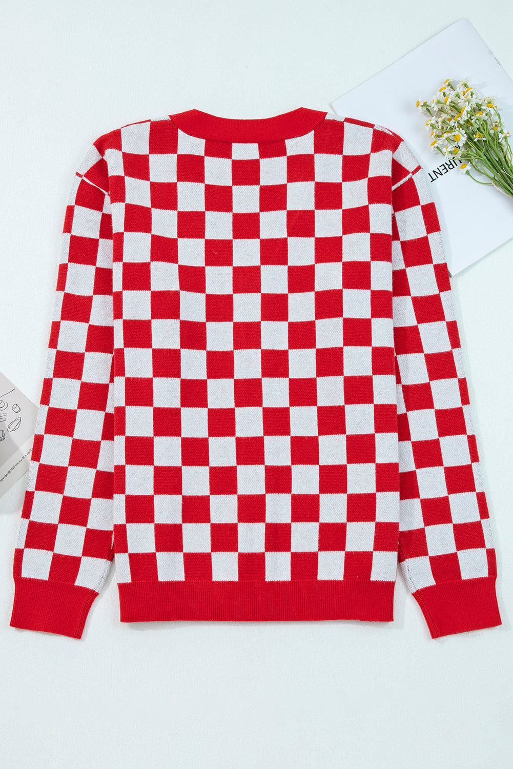 Checker Christmas Tree Buttoned V-Neck Cardigan Sweater