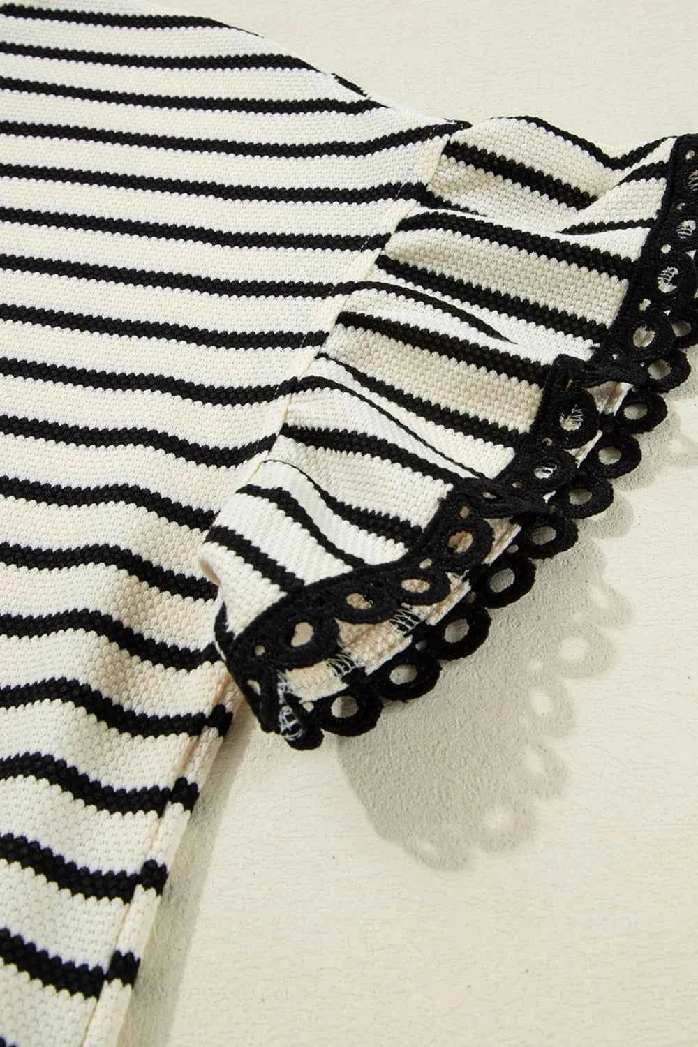 Striped Ruffle Sleeve Blouse with Round Neck