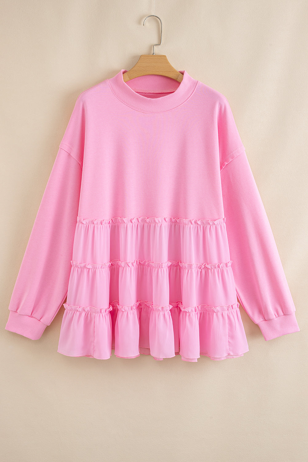 Plus Size Solid Ruffle Tiered Ribbed Crewneck Top
