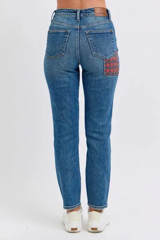 Plus Size High Waist Plaid Patch Slim Fit Judy Blue Jeans