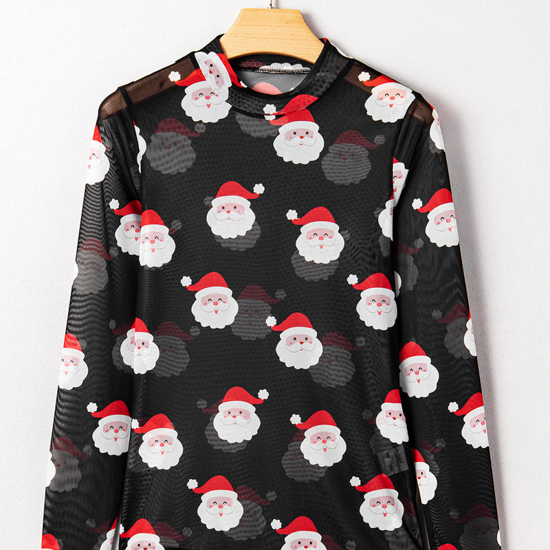 Santa Christmas Mesh Long Sleeve Top