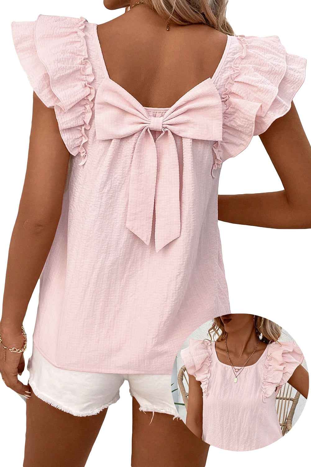 Gossamer Pink Ruffle Sleeve Blouse with Textured Bow Frills and Ruffles