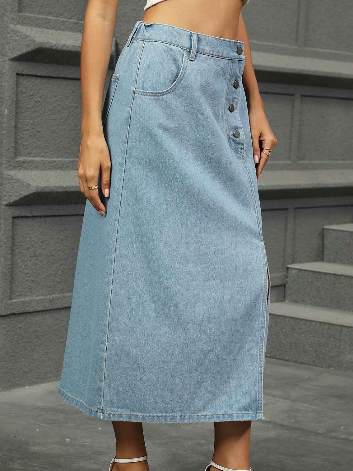 Slit Button Detail Denim Skirt - Stylish Midi Length Fashion Piece