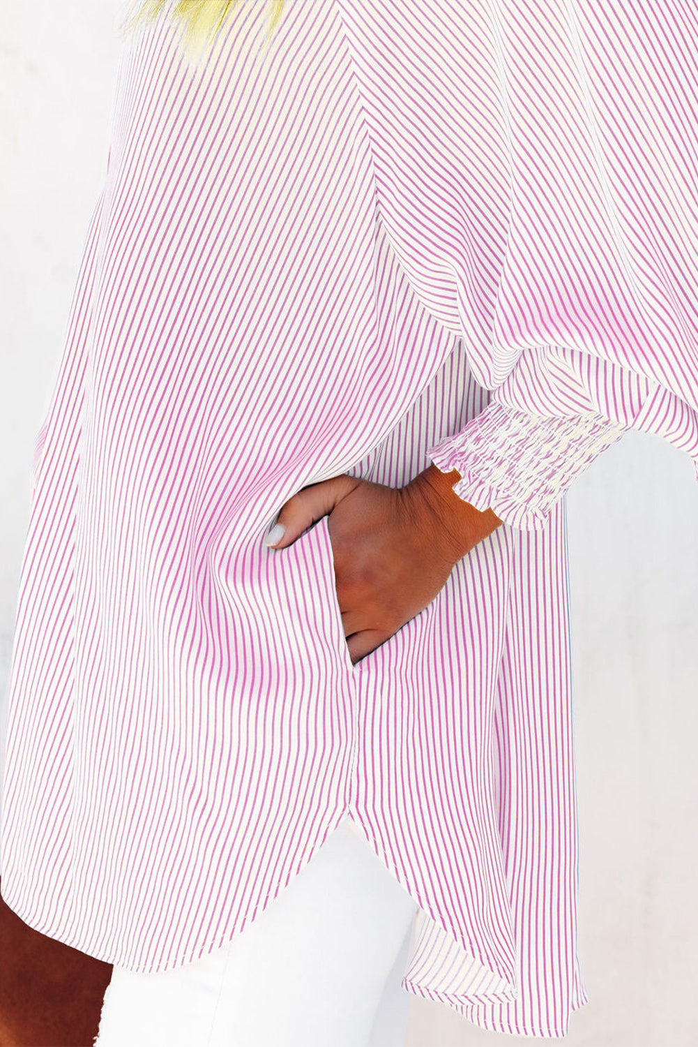 Striped Casual Blouse with Shirred Cuffs for Women