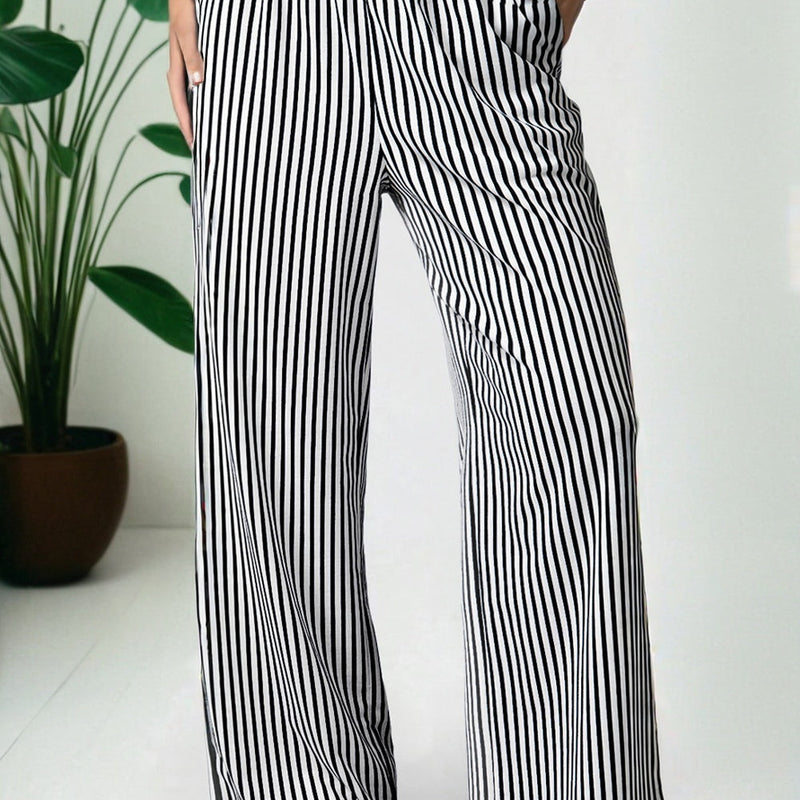 Stripe Pocketed Elastic High Waist Pants
