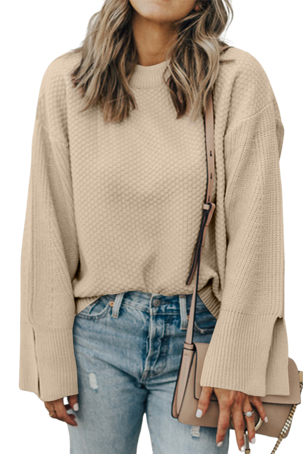 Parchment Knit Women's Top with Solid Textured Design and Split Cuff Drop Shoulder