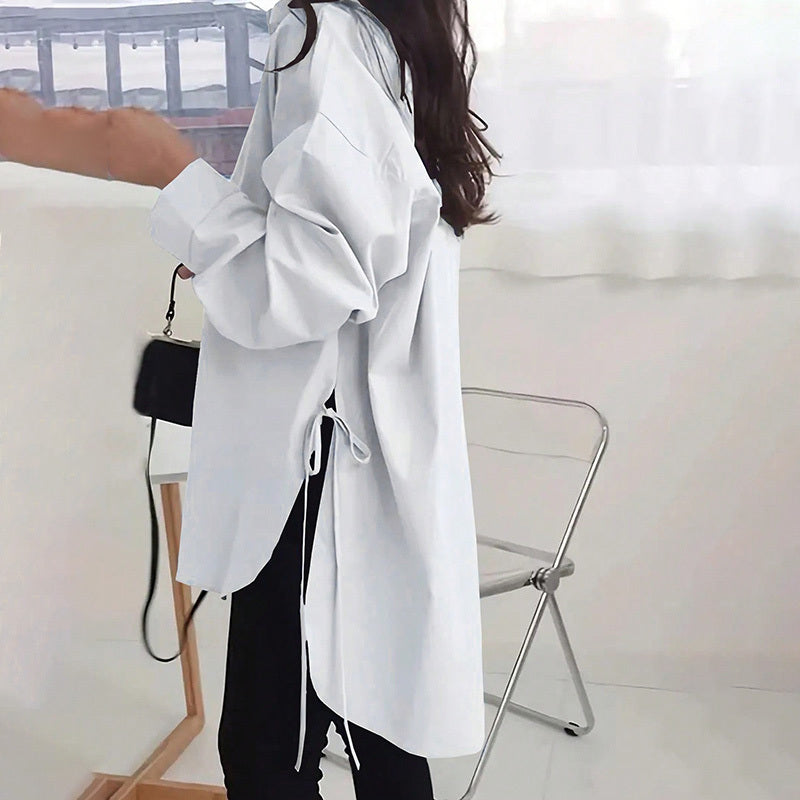 Women's Casual Loose-Fit Long Sleeve Shirt - Side Slit Tie Detail Button-Down Blouse, Solid Color Top