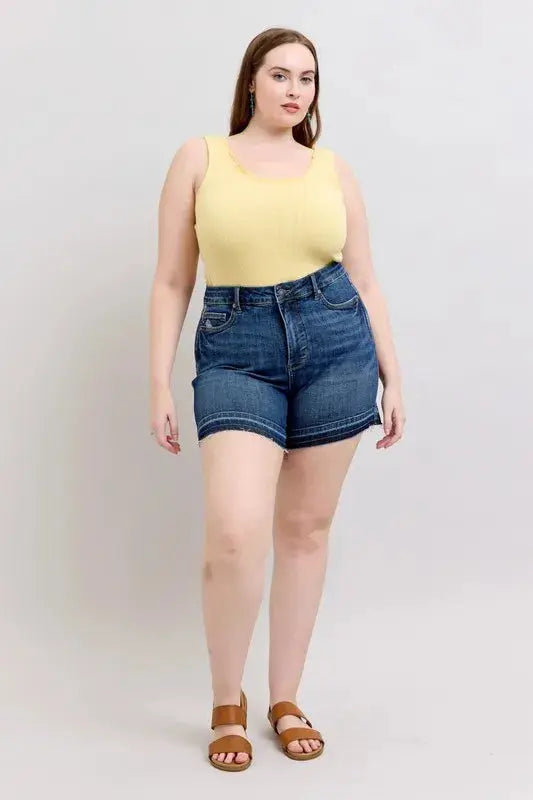Judy Blue Jeans - Plus Size High Waist Tummy Control Destroy Release Hem Denim Shorts