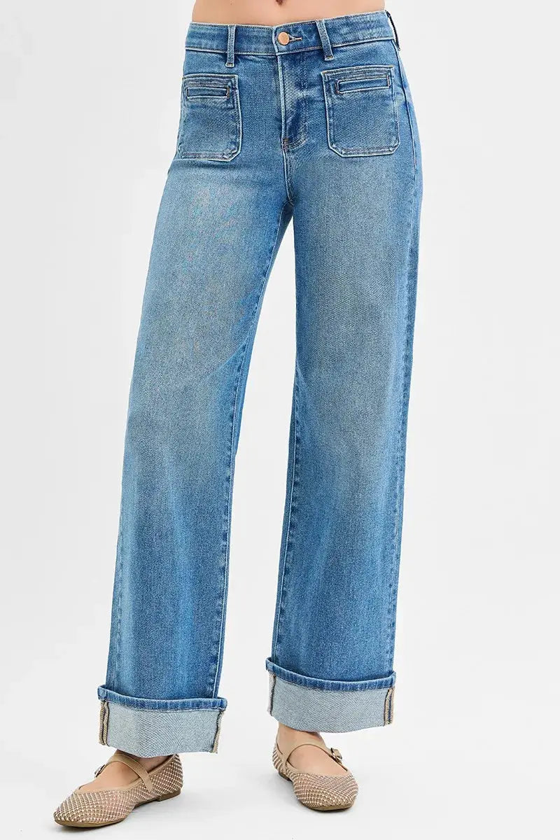 Full Size Elastic Band Mid Rise Wide Front Patch Pocket Cuff RISEN Jeans