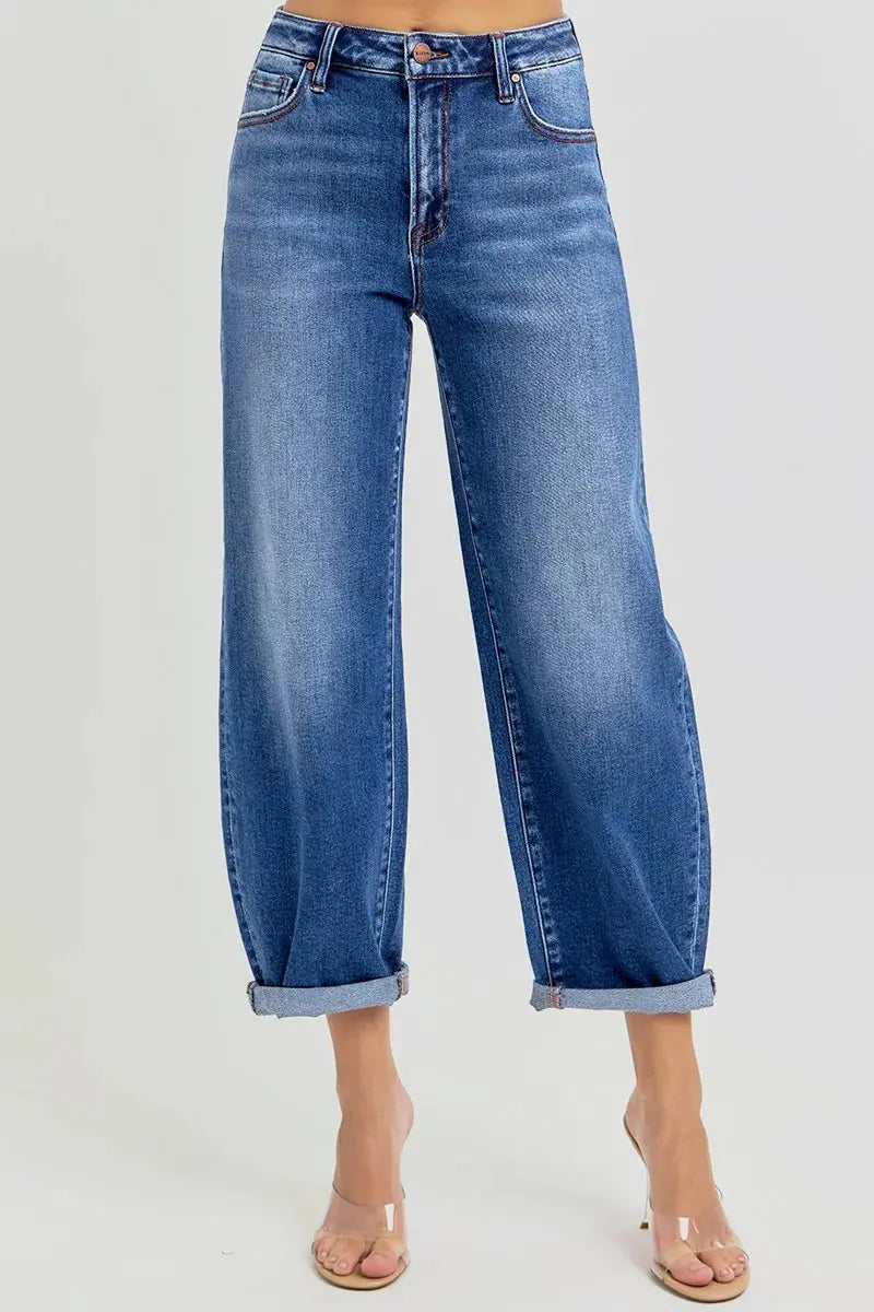 RISEN Jeans - Full/Plus Size High Rise Crop Mild Barrel Jeans