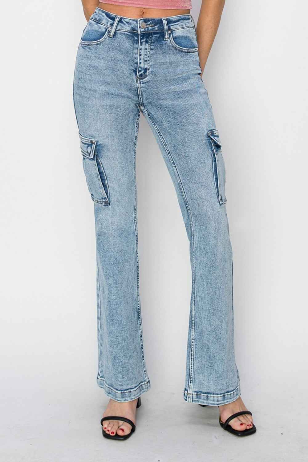 RISEN Full Size High Rise Cargo Flare Jeans for Women