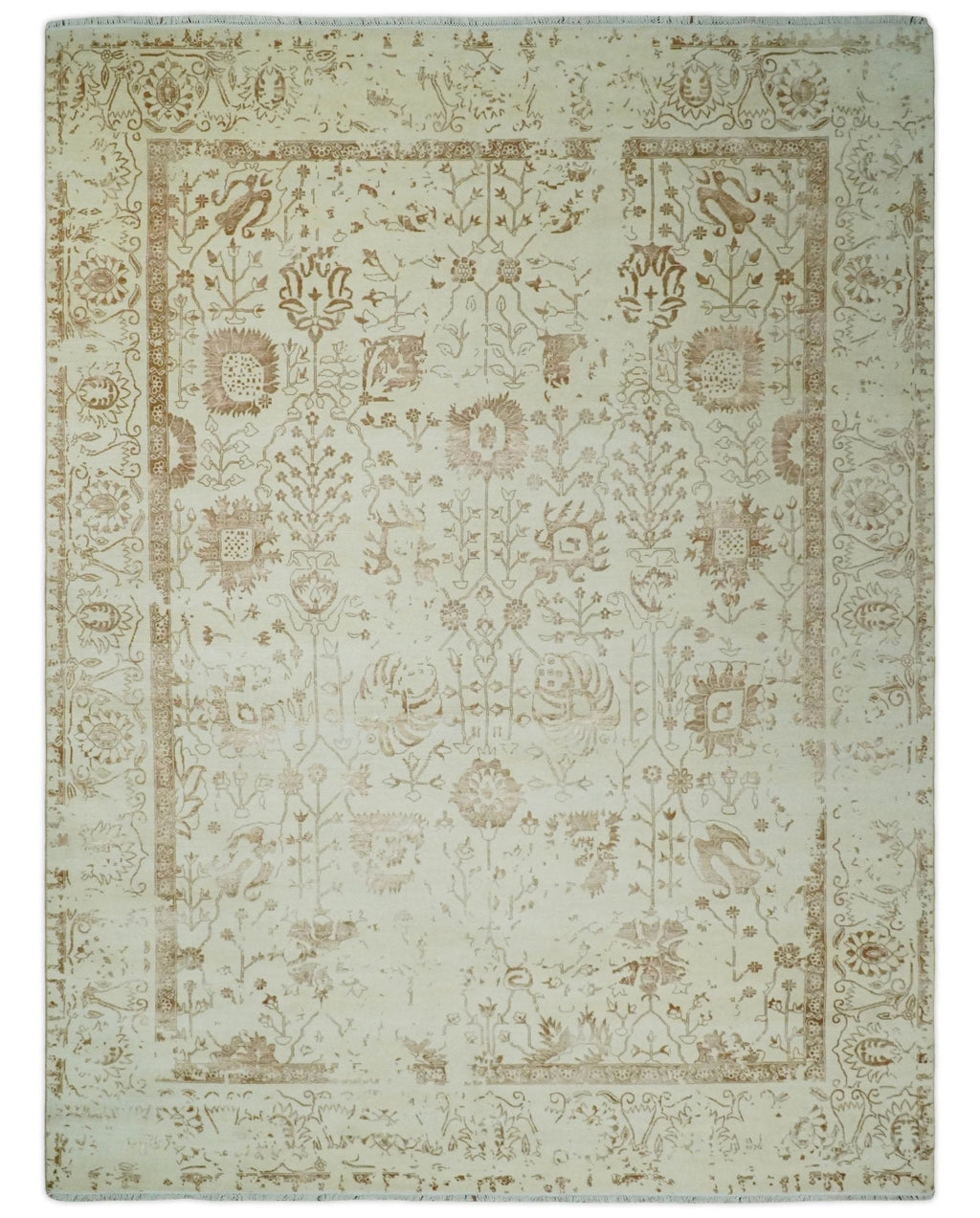 9x12 Fine Hand Knotted Beige and Brown Traditional Vintage Persian Style Antique Wool and Silk Rug | AGR46