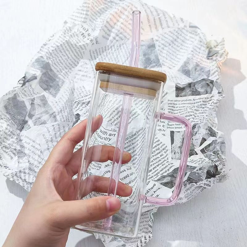 Square colored handle cup glass straw cup with lid milk tea cup with large capacity