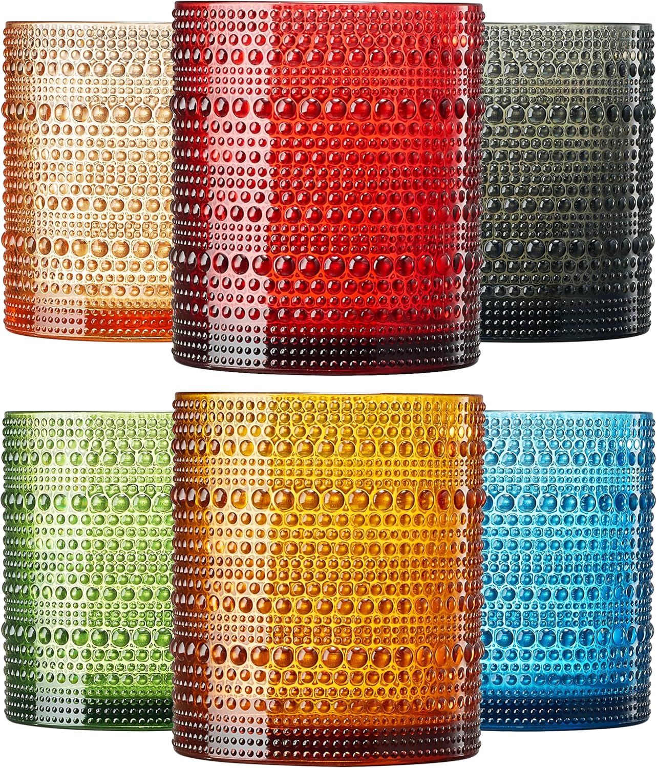 Khen Hobnail Acrylic Lowball Glasses – Retro-Inspired Set of 6 Colorful & Black Tumblers, 10 oz Unbreakable BPA-Free Drinkware – Vintage Textured Design, Stackable, Dishwasher Safe