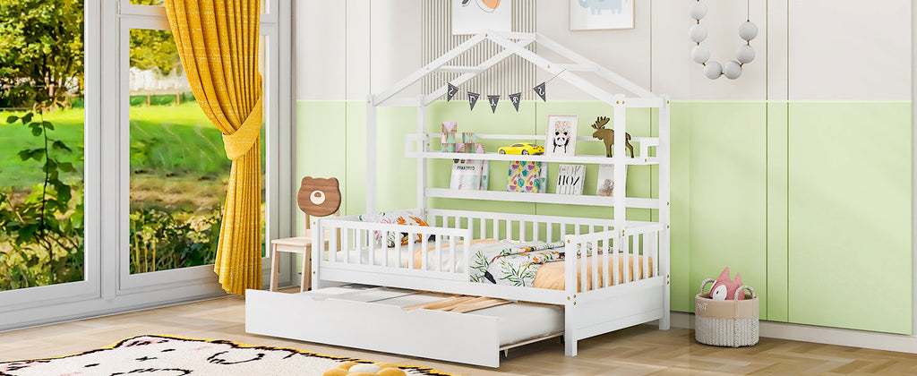 Wooden Twin Size House Bed with Trundle Kids Bed with Shelf White