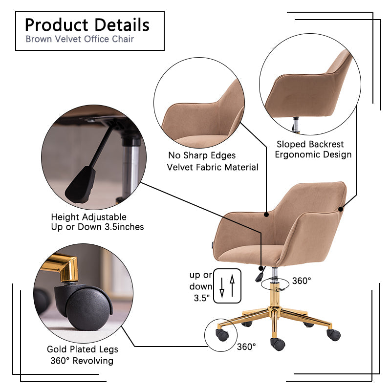 Modern Velvet Fabric Material Adjustable Height 360 revolving Home Office Chair Light Coffee Brown