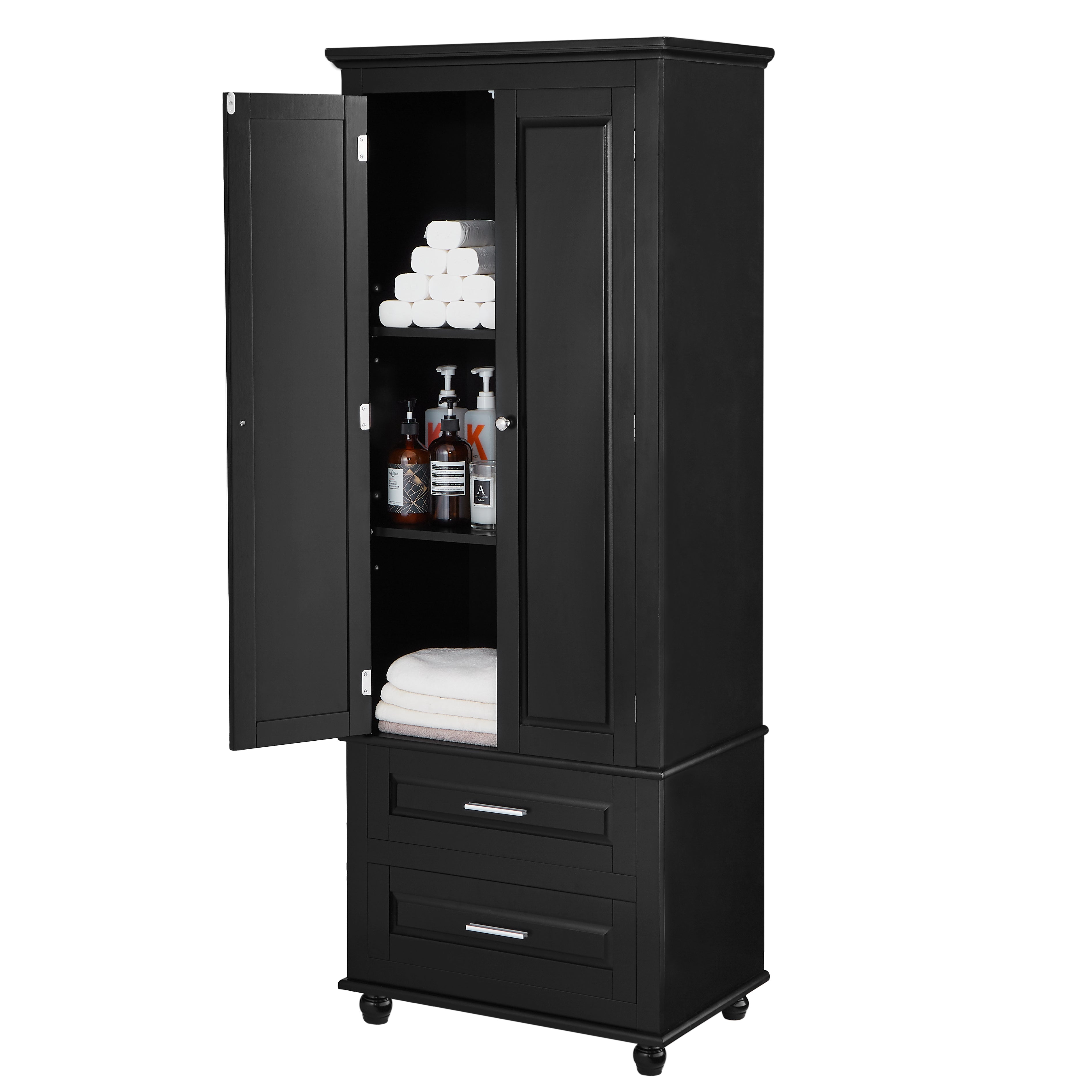 Tall Storage Cabinet with Two Drawers for Bathroom/Office, Black
