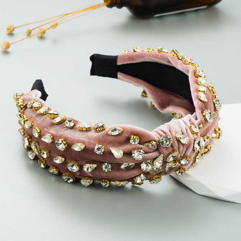 Exaggerated Fashion Hair Bands Female Corduroy Temperament Sweet Hair Ornaments Wide Side Knotted With Diamonds Headband