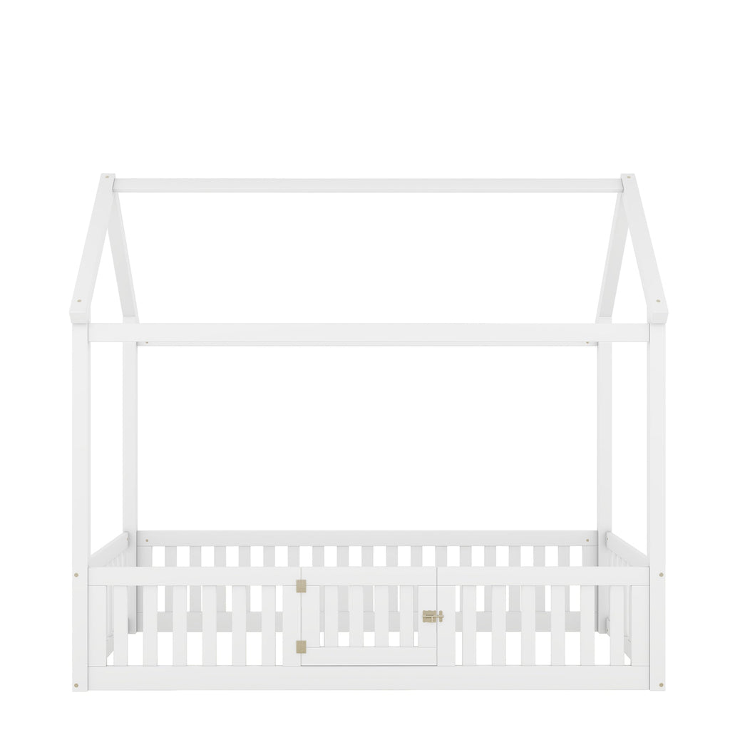 Twin Size Wood House Bed with Fence and Door, White
