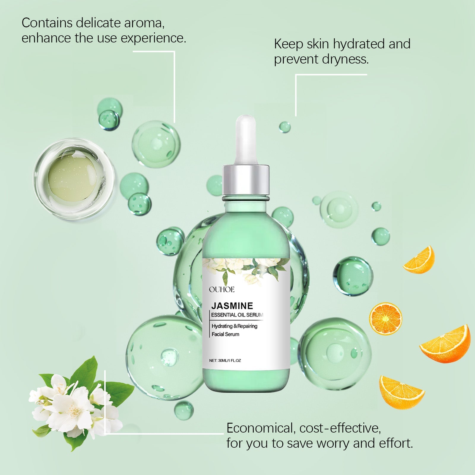 Ouhoe Jasmine Brightening Essential Oil, Lighten Fine Lines And Anti-Wrinkle Essential Oil Refreshing Non-Sticky Firming Brightening Essence