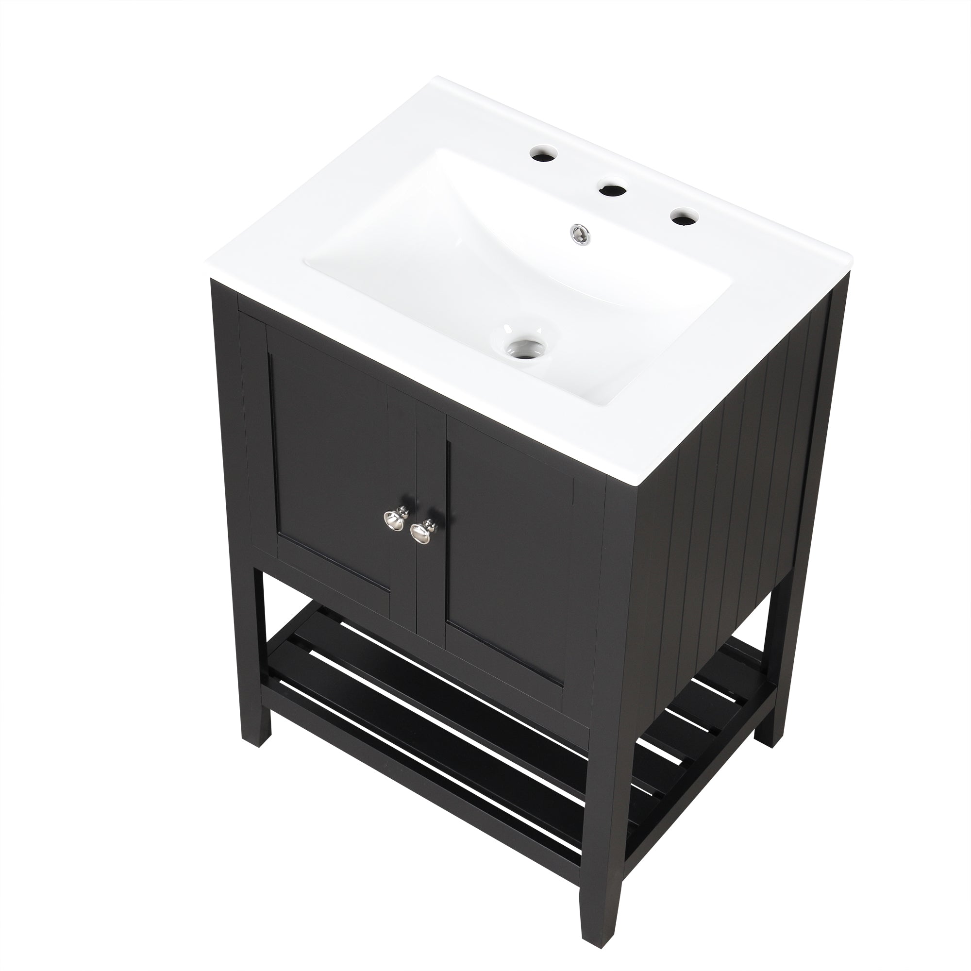 24" Black Modern Sleek Bathroom Vanity Elegant Ceramic Sink with Solid Wood Frame Open Style Shelf