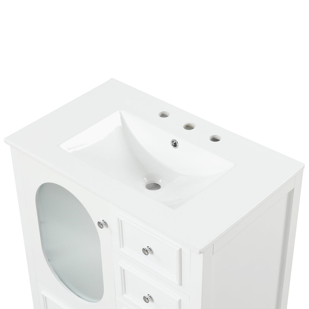30" Bathroom Vanity with Sink, Bathroom Vanity Cabinet with Three Drawers and Door, Solid Wood and MDF, White