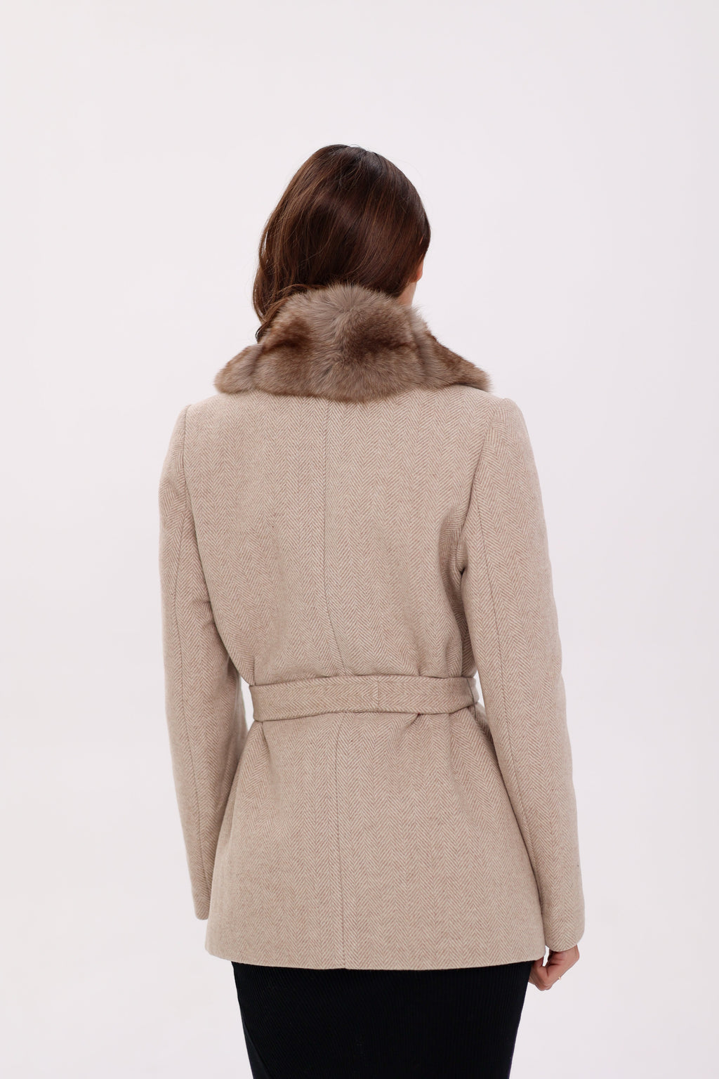Genuine Polar Fox Fur Virgin Wool Coat in Nude