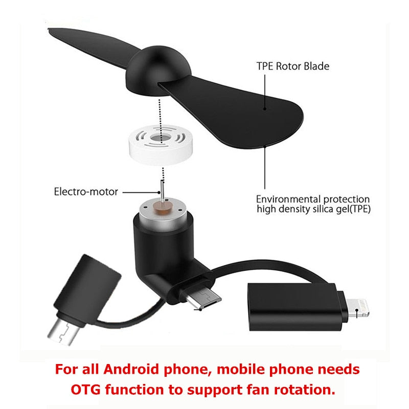 3 IN 1 Travel Portable Cell Phone Mini Fan Cooling Cooler For Micro USB C For iPhone 5 6 6S 7 Plus 8 X for Android Type-c