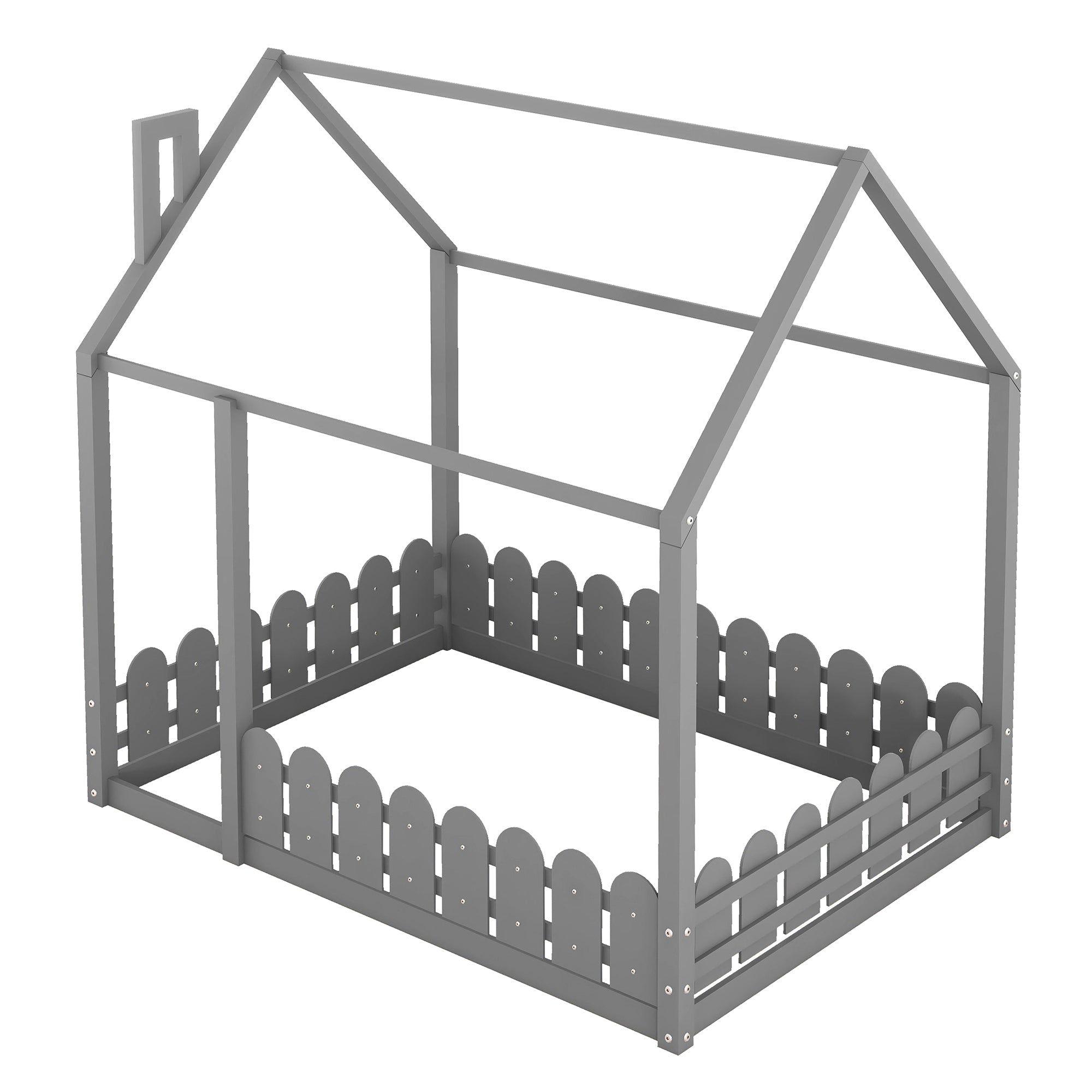 (Slats are not included)Full Size Wood Bed House Bed Frame with Fence for Kids Teens Girls Boys (Gray )