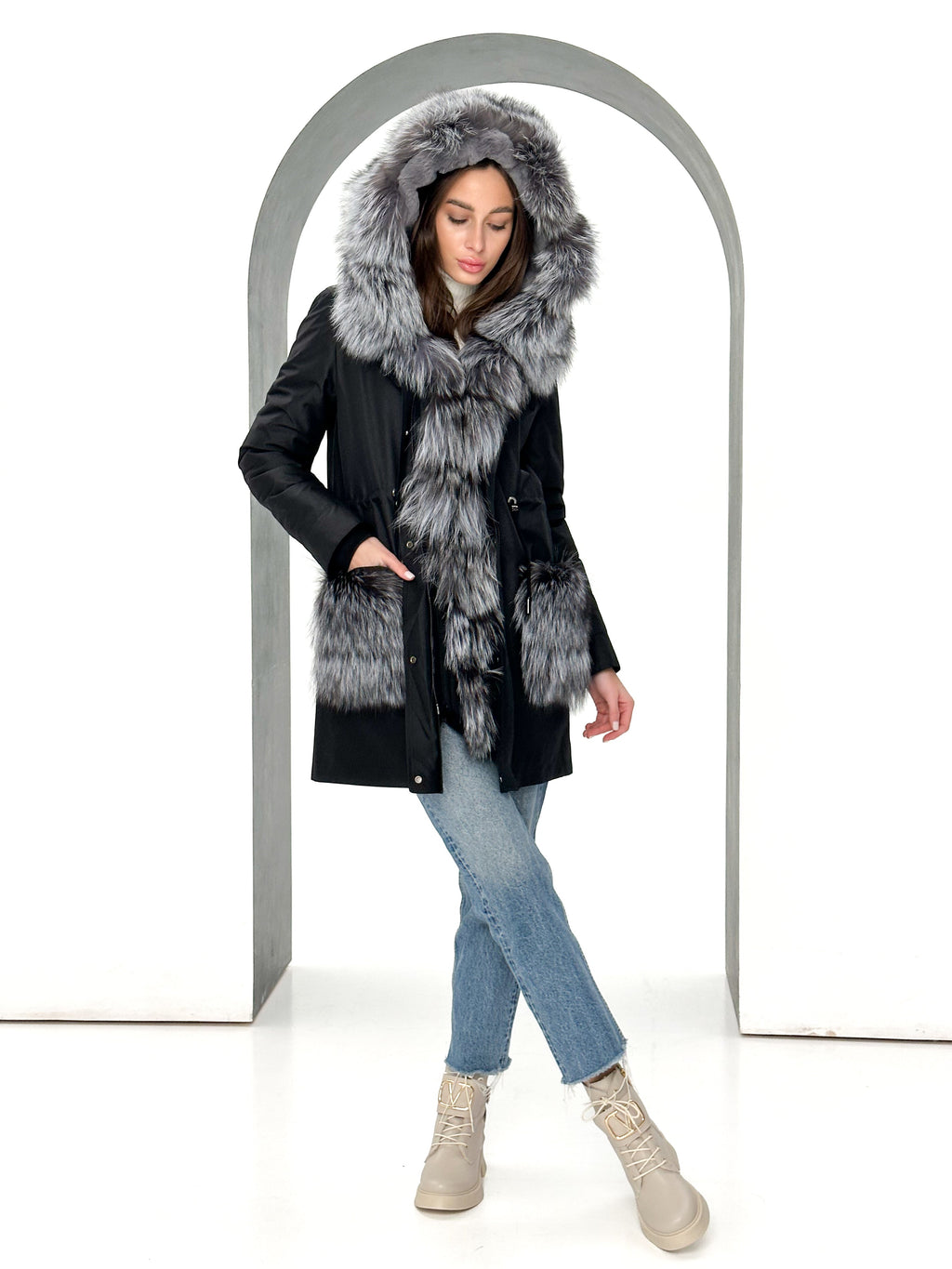 Genuine Silver Fox Fur Rabbit Fur Insulated Parka