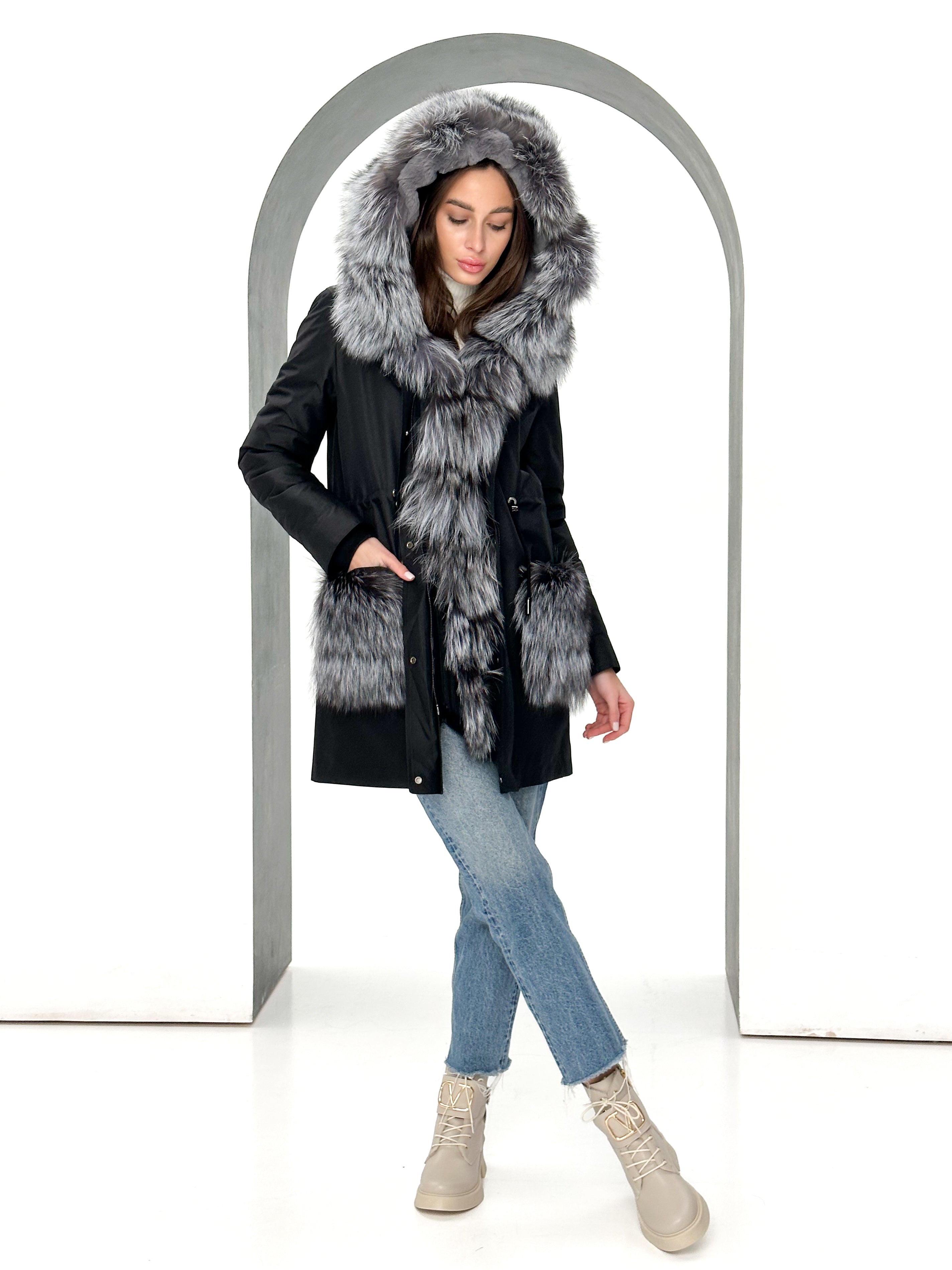 Genuine Silver Fox Fur Rabbit Fur Insulated Parka