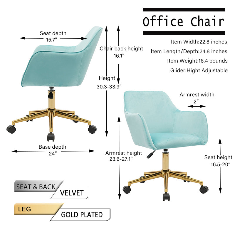Modern Velvet Fabric Material Adjustable Height 360 revolving Home Office Chair Aqua Light Blue