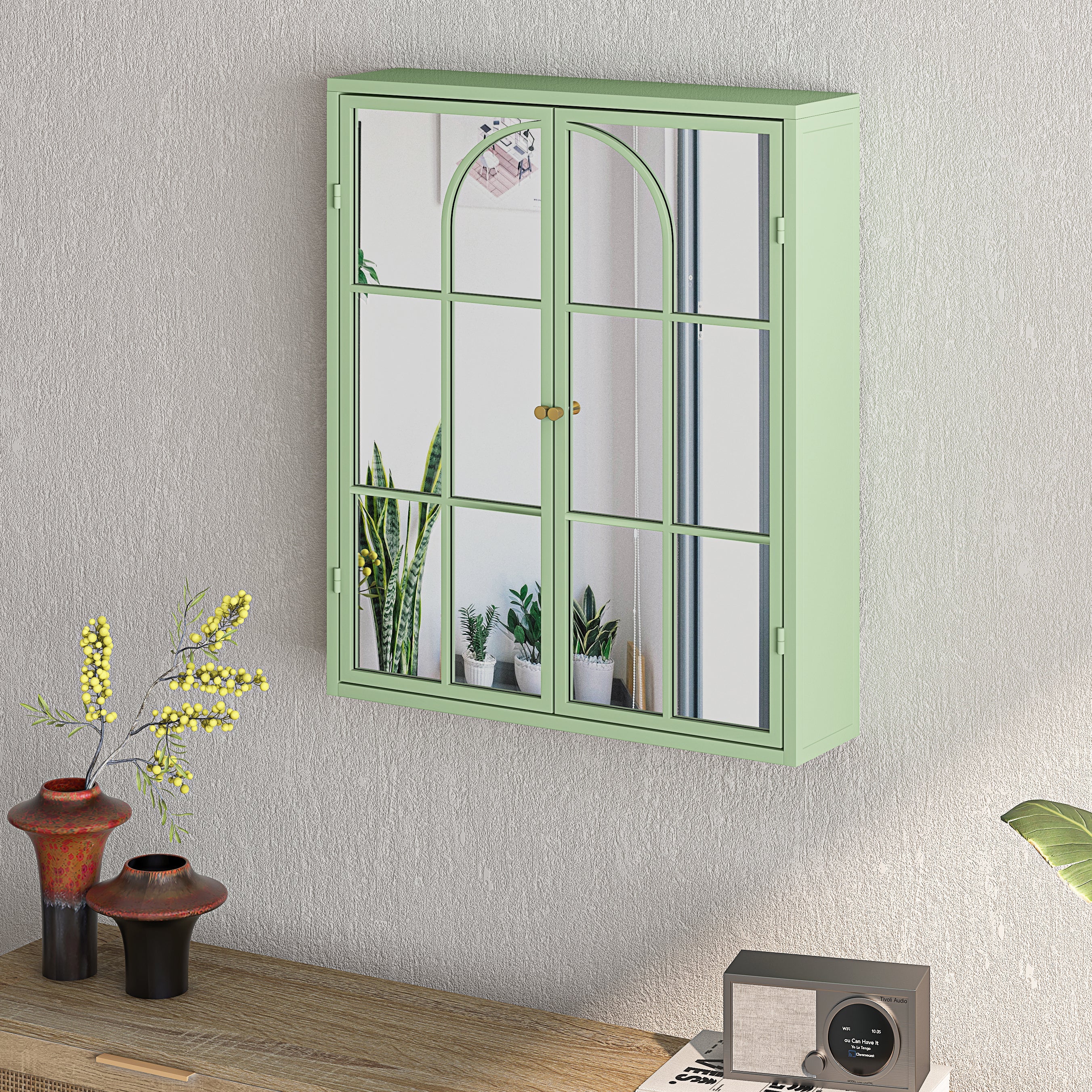 23.62 "Vintage Two Door Wall Cabinet with Mirror Three-level Entrance Storage Space Green