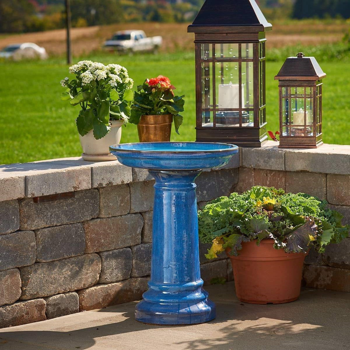 2 Gallon Blue Ceramic Traditional Outdoor Patio Garden Birdbath